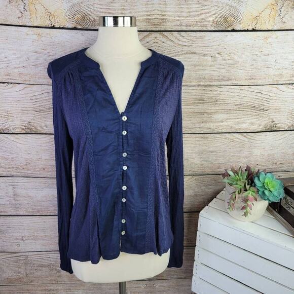 Lucky Brand Semi-Sheer Button Down V-Neck Textured Navy Long Sleeve Top Medium‎ - Picture 1 of 9